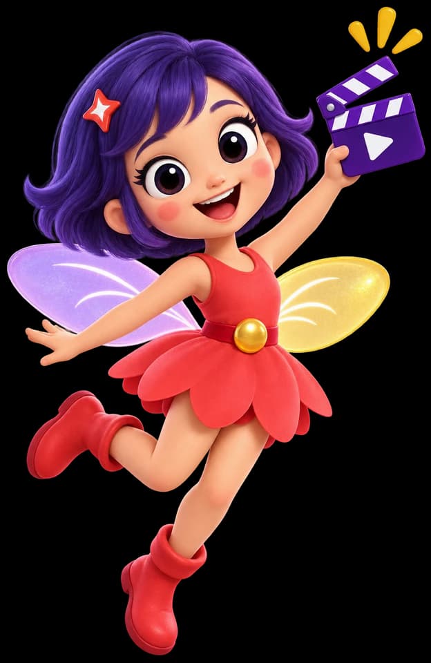 The FairyTakes fairy, leaping with her clapperboard
